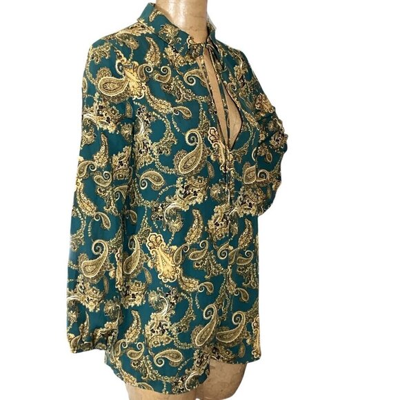 NWT Fab'rik Green Gold Paisley Zip Back V-Neck Long Sleeve Romper Sz S #311F - Picture 4 of 9